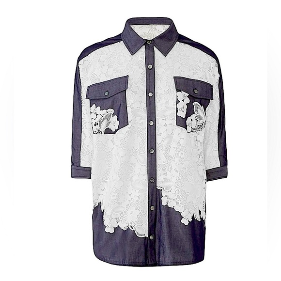 BADGLEY MISCHKA  Lace Chambray Button Down Top - Picture 6 of 14